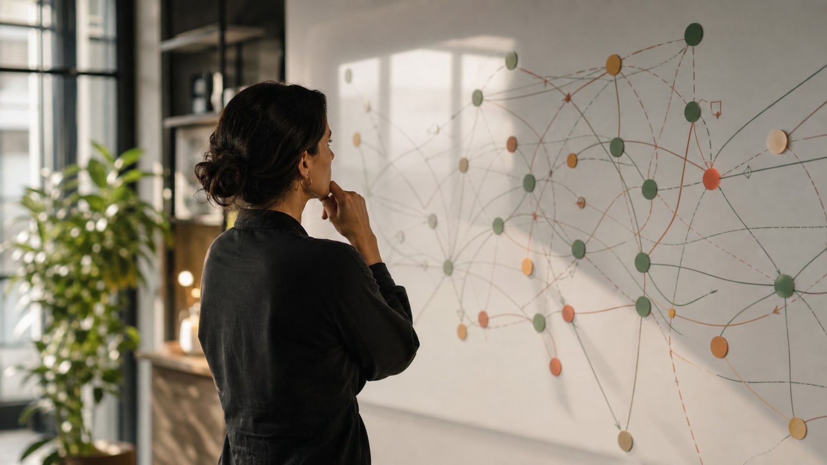 Sales strategist studying an abstract pipeline story on a meeting-room wall